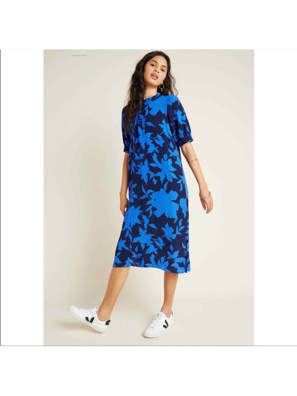 Anthropologie Blue Floral Midi Dress Shift Puff Sleeve Size XL